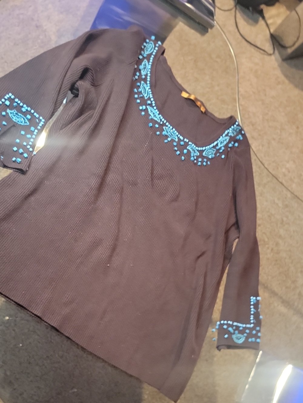 Embellishef Scoop Neck Brown Women's Top with Turquoise Accents